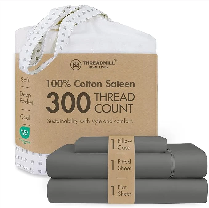 World-Class Threadmill Cotton Twin XL Sheet Set Cotton Sheets for Twin XL Size Bed Solid Sateen Twin XL Bed Sheets Set with 16 Deep Pocket Soft Breathable 3-Piece Cooling Sheet Set Dark Grey Quality