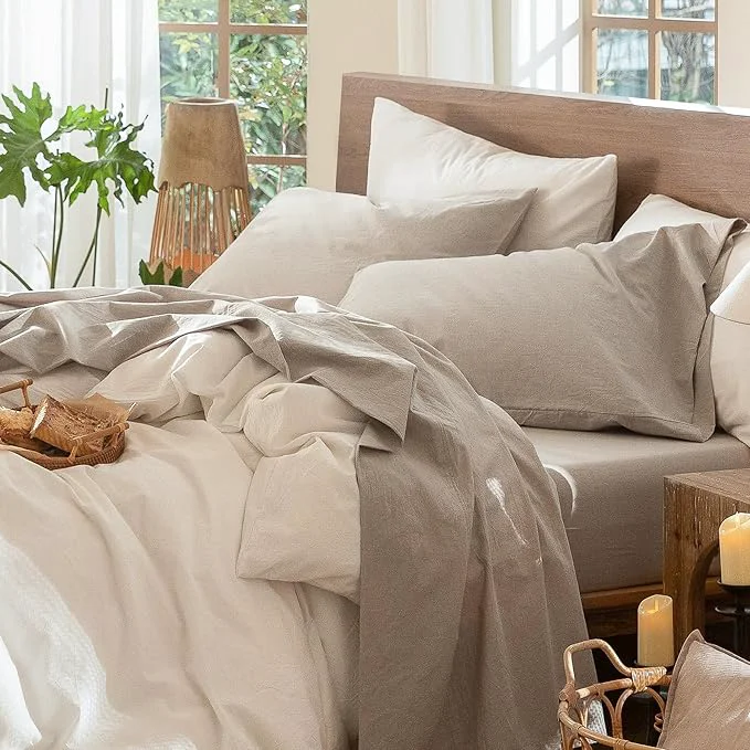 Minimalist MooMee Bedding Sheet Set Washed Cotton Linen Like Textured Breathable Durable Soft Comfy Heathered Tannish Linen Grey Twin XL Innovative