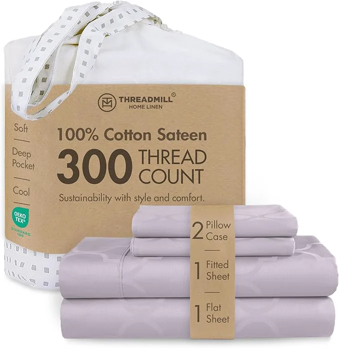Fine Crafted Threadmill Cotton Sheets for King Size Bed 4 Pc King Bed Sheets Set Soft Breathable Lightweight Damask Sateen for All-Season Use Snug Fit Elastic Deep Pocket King Sheets Lilac Recyclable