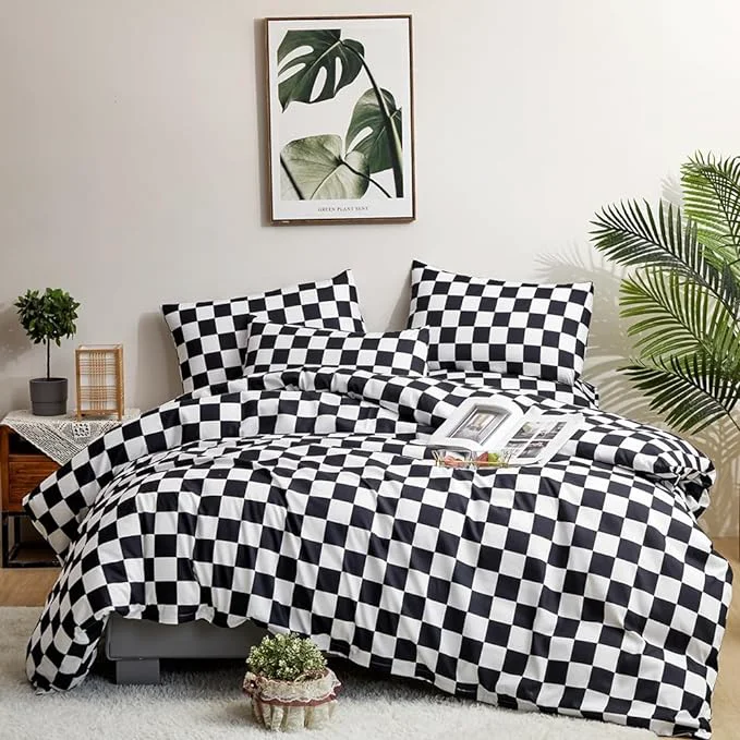 Relaxed CLOTHKNOW Black White Plaid Comforter Set Queen Grid Bedding Comforter Sets Soft Checker Geometric Queen Comforter with 2 x Pillow Cases Clean
