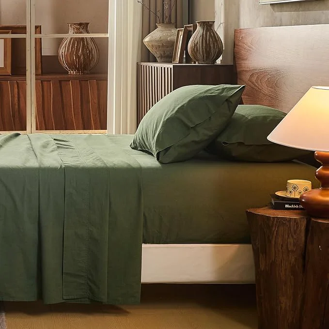 Practical Linen Sheet Set King Size Extra Deep Pocket Fits 18-24 Inch Mattress Breathable amp Soft Smooth 4-Piece Set for Thick Mattresses Hotel Luxury Bedding（King Forest Green） Fine