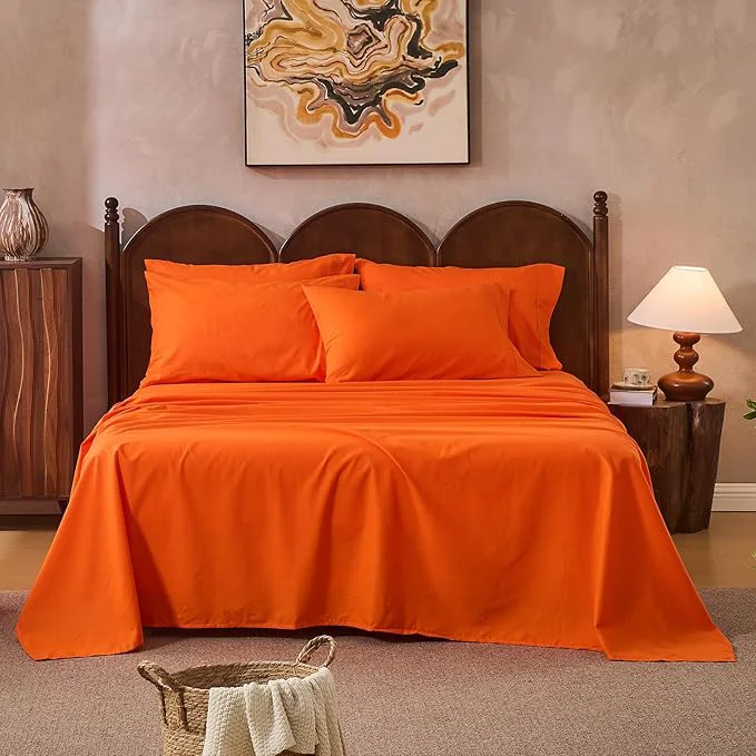 Sophisticated Linen Sheets Queen Size Breathable amp Durable 4-Piece Bed Flax Sheet Set Soft All-Season Bedding for Hot Sleepers 16 quot Deep Pocket Oeko-TEX （Queen Orange） Fast