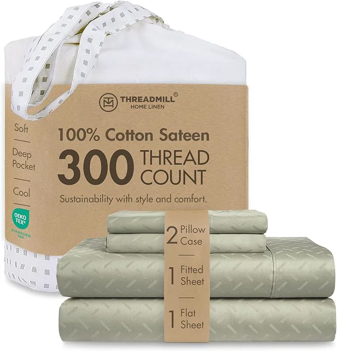 Professional Threadmill Cotton Sheets for King Size Bed 4 Pc King Bed Sheets Set Soft Breathable Lightweight Damask Sateen for All-Season Use Snug Fit Elastic Deep Pocket King Sheets Sage Green Solid