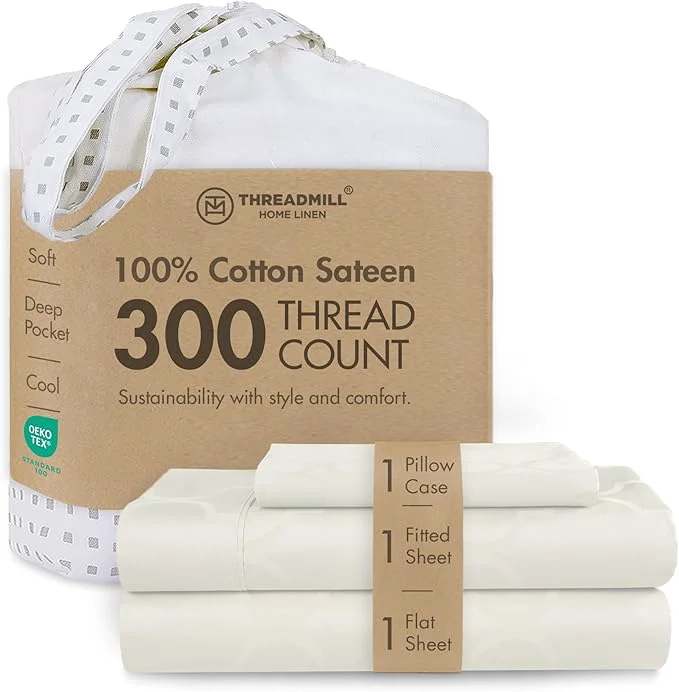 Luxury Threadmill Cotton Twin Sheet Set Cotton Sheets for Twin Size Bed Damask Jacquard Sateen Twin Bed Sheets Set with 16 Deep Pocket Soft Breathable 3-Piece Cooling Sheet Set Ivory Organic