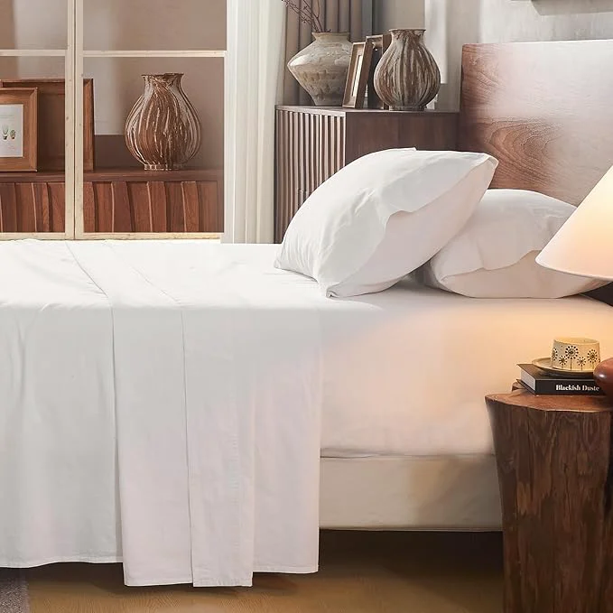 Relaxed Linen Sheet Set Cal King Size Extra Deep Pocket Fits 18-24 Inch Mattress Breathable amp Soft Smooth 4-Piece Set for Thick Mattresses Hotel Luxury Bedding（Cal King White） Solid