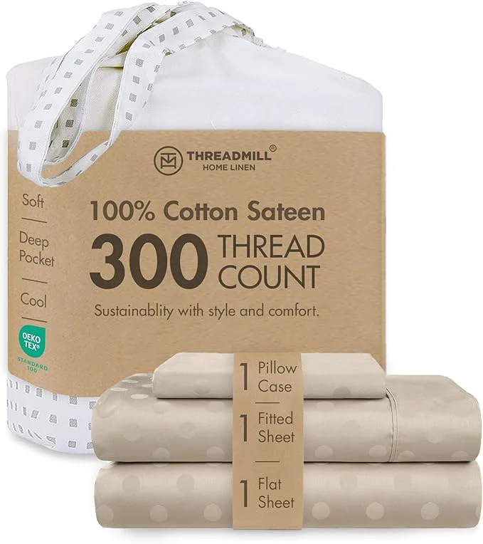 Detailed Threadmill Cotton Twin Sheet Set Cotton Sheets for Twin Size Bed Damask Jacquard Sateen Twin Bed Sheets Set with 16 Deep Pocket Soft Breathable 3-Piece Cooling Sheet Set Beige Lightweight