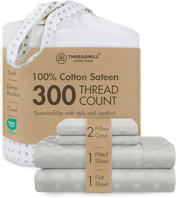 Luxury Threadmill Cotton Sheets for King Size Bed 4 Pc King Bed Sheets Set Soft Breathable Lightweight Damask Sateen for All-Season Use Snug Fit Elastic Deep Pocket King Sheets Light Grey Healthy