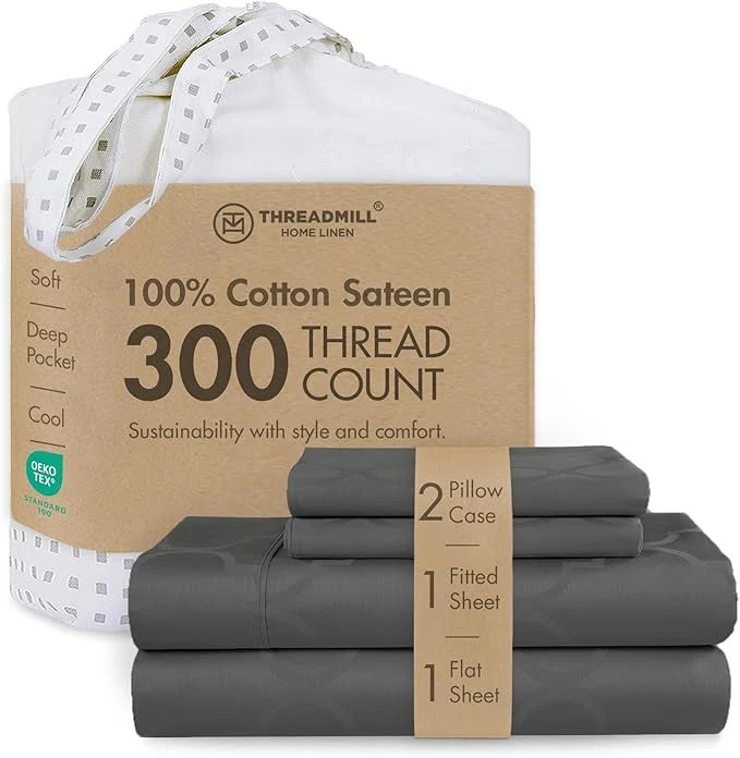 Official Threadmill Cotton Full Size Sheet Set Cotton Sheets for Full Size Bed Damask Jacquard Full Bed Sheets Set with 16 Deep Pocket Soft Sateen Weave 4-Piece Cooling Bedding Set Dark Grey Quality