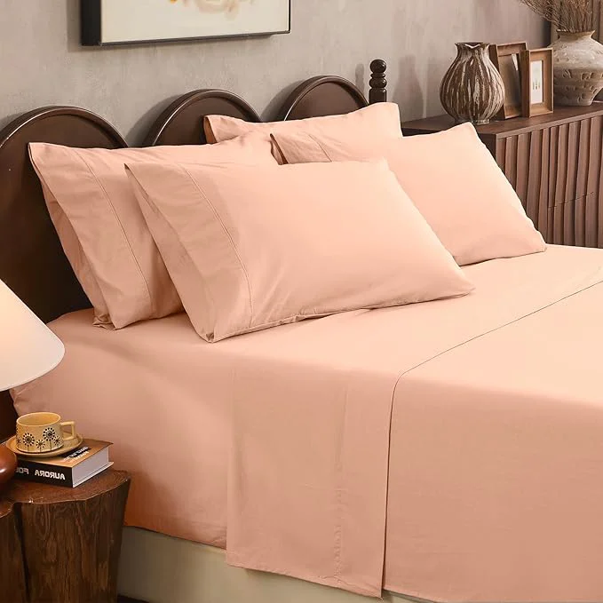 Authentic Linen Sheet Set Cal King Size Extra Deep Pocket Fits 18-24 Inch Mattress Breathable amp Soft Smooth 6-Piece Set for Thick Mattresses Hotel Luxury Bedding（Cal King Light Red） High-Quality