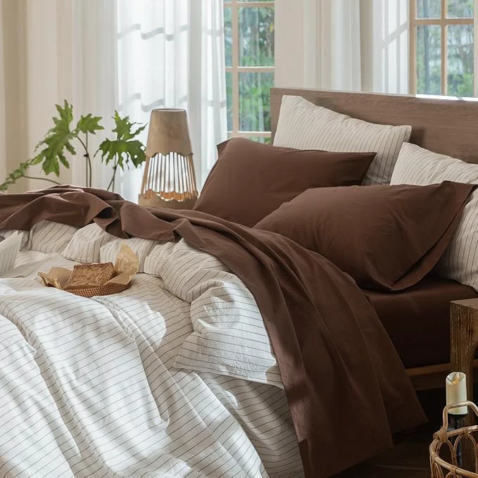 Quality MooMee Bedding Sheet Set Washed Cotton Linen Like Textured Breathable Durable Soft Comfy Solid Cocoa Brown California King Relaxed