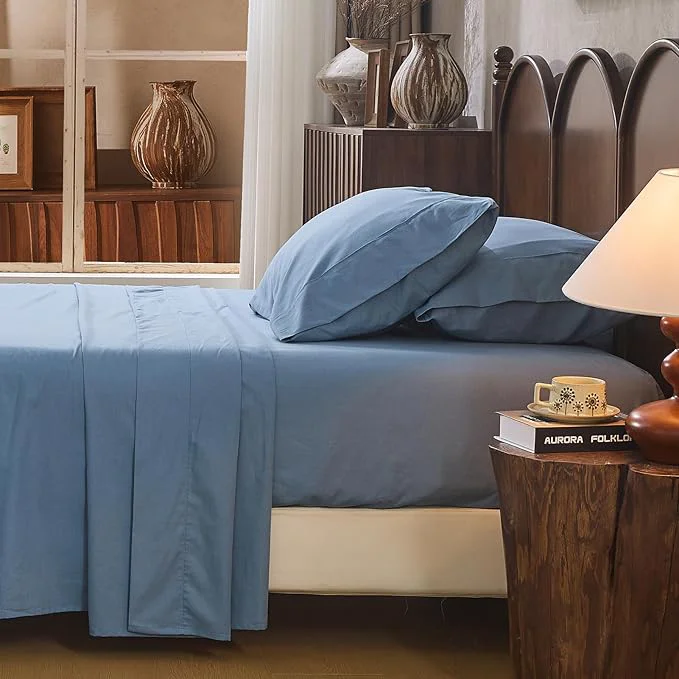 Recyclable Linen Sheet Set Queen Size Extra Deep Pocket Fits 18-24 Inch Mattress Breathable amp Soft Smooth 4-Piece Set for Thick Mattresses Hotel Luxury Bedding（Queen Dusty Blue） Professional