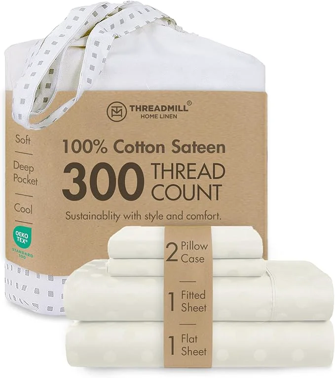 Detailed Threadmill Cotton Queen Sheet Set Cotton Sheets for Queen Size Bed Damask Jacquard Queen Bed Sheets Set with 16 Deep Pocket Soft Sateen Weave 4-Piece Cooling Bedding Set Ivory Premium Material