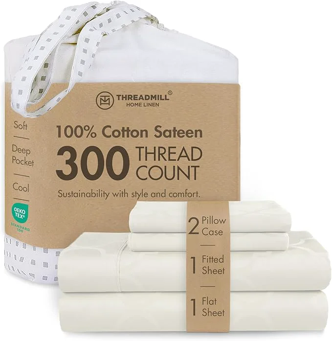 Fine Threadmill Cotton Sheets for King Size Bed 4 Pc King Bed Sheets Set Soft Breathable Lightweight Damask Sateen for All-Season Use Snug Fit Elastic Deep Pocket King Sheets Ivory Next-Generation