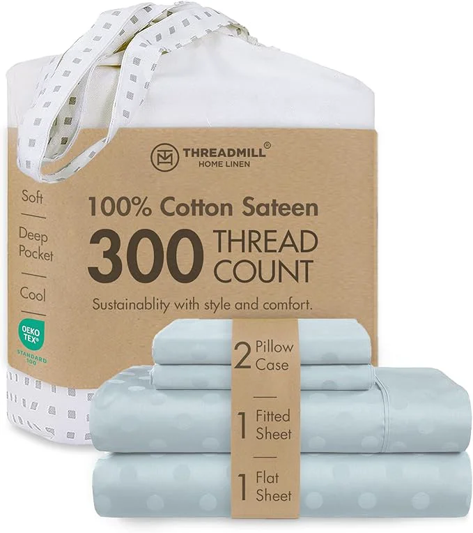 Authentic Threadmill Cotton Queen Sheet Set Cotton Sheets for Queen Size Bed Damask Jacquard Queen Bed Sheets Set with 16 Deep Pocket Soft Sateen Weave 4-Piece Cooling Bedding Set Light Blue Specialty