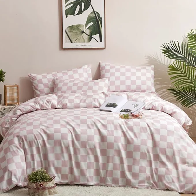 Smooth CLOTHKNOW Pink White Plaid Comforter Set Queen Grid Bedding Comforter Sets Soft Checkered Queen Comforter with 2 x Pillow Cases Original Design