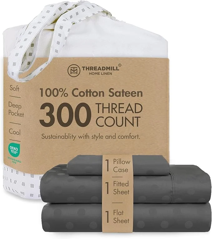 Original Design Threadmill Cotton Twin XL Sheet Set Cotton Sheets for Twin XL Size Bed Damask Jacquard Sateen Twin XL Bed Sheets Set with 16 Deep Pocket Soft Breathable 3-Piece Cooling Sheets Dark Grey Efficient