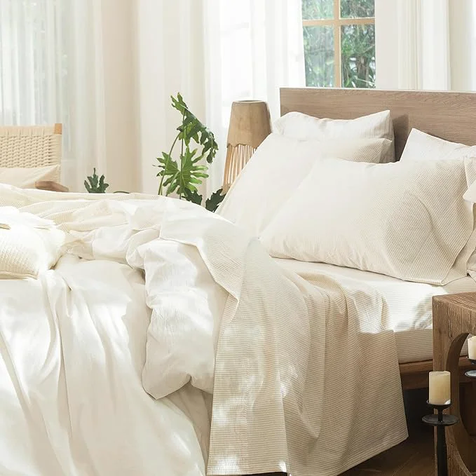 Carefully Designed MooMee Striped Sheet Set Washed Cotton Linen Like Textured Breathable Durable Soft Comfy Almond Milk Grey Pinstripes Queen