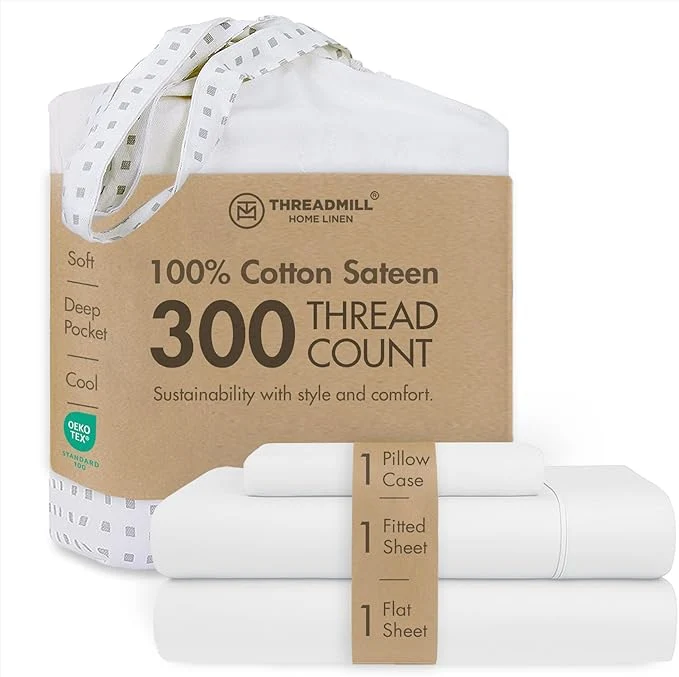 Classic Threadmill Cotton Twin XL Sheet Set Cotton Sheets for Twin XL Size Bed Solid Sateen Bed Sheets Set with 16 Deep Pocket Soft Breathable 3-Piece Cooling Sheet Set White