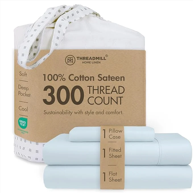 Superior Threadmill Cotton Twin Sheet Set Cotton Sheets for Twin Size Bed Solid Sateen Twin Bed Sheets Set with 16 Deep Pocket Soft Breathable 3-Piece Cooling Sheet Set Light Blue High-Quality