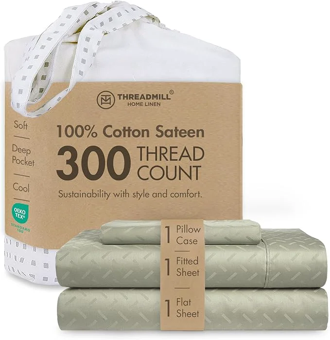 Authentic Threadmill Cotton Twin Sheet Set Cotton Sheets for Twin Size Bed Damask Jacquard Sateen Twin Bed Sheets Set with 16 Deep Pocket Soft Breathable 3-Piece Cooling Sheet Set Sage Green Detailed