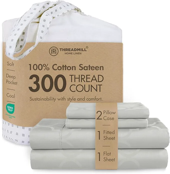 Versatile Threadmill Cotton Full Size Sheet Set Cotton Sheets for Full Size Bed Damask Jacquard Full Bed Sheets Set with 16 Deep Pocket Soft Sateen Weave 4-Piece Cooling Bedding Set Light Grey Efficient