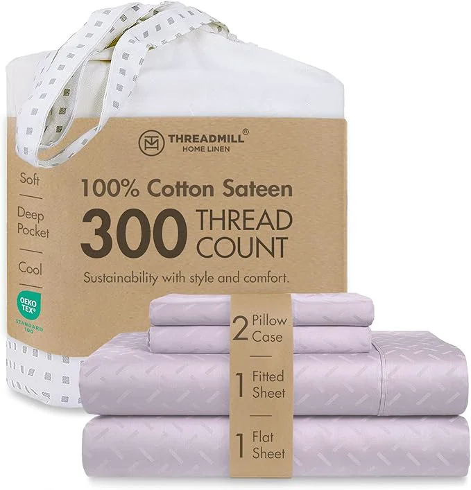 Comfortable Threadmill Cotton Full Size Sheet Set Cotton Sheets for Full Size Bed Damask Jacquard Full Bed Sheets Set with 16 Deep Pocket Soft Sateen Weave 4-Piece Cooling Bedding Set Lilac Verified