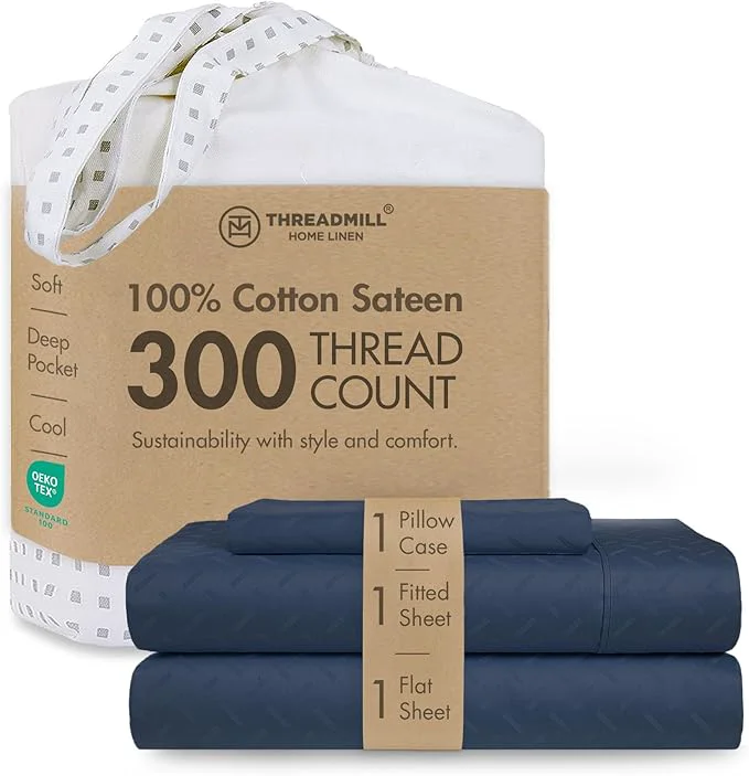 Premium Material Threadmill Cotton Twin XL Sheet Set Cotton Sheets for Twin XL Size Bed Damask Jacquard Sateen Twin XL Bed Sheets Set 16 Deep Pocket Soft Breathable 3pc Cooling Sheet Set Folkstone Blue Natural