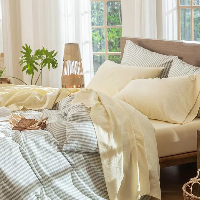 Trusted MooMee Bedding Sheet Set Washed Cotton Linen Like Textured Breathable Durable Soft Comfy Heathered Butter Yellow King Carefully Designed