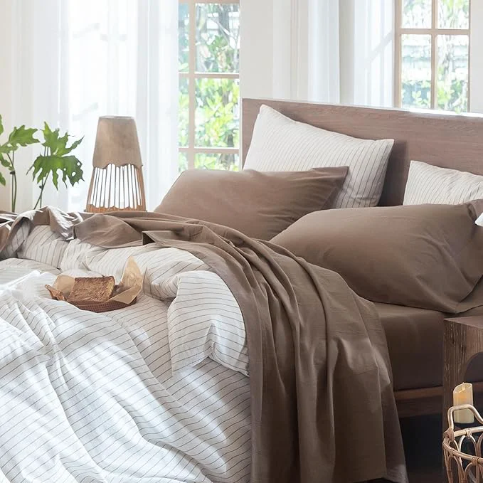 User-Friendly MooMee Bedding Sheet Set Washed Cotton Linen Like Textured Breathable Durable Soft Comfy Solid Brown King Luxury