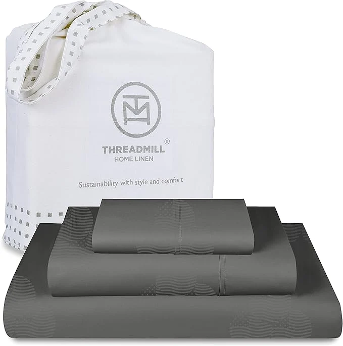 Luxury Threadmill Cotton Twin Sheet Set Cotton Sheets for Twin Size Bed Damask Jacquard Sateen Twin Bed Sheets Set with 16 Deep Pocket Soft Breathable 3-Piece Cooling Sheet Set Dark Grey Relaxed