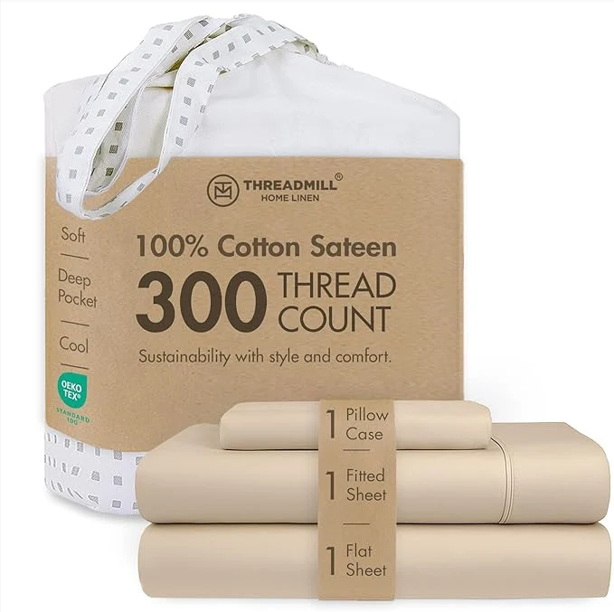 Versatile Threadmill Cotton Twin Sheet Set Cotton Sheets for Twin Size Bed Solid Sateen Twin Bed Sheets Set with 16 Deep Pocket Soft Breathable 3-Piece Cooling Sheet Set Beige Environmentally Friendly