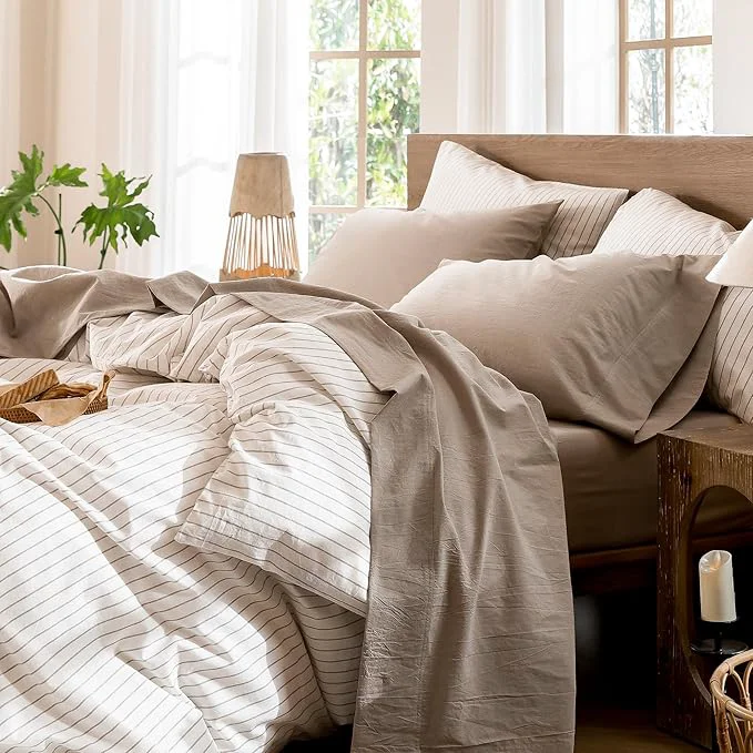 Reusable MooMee Bedding Sheet Set Washed Cotton Linen Like Textured Breathable Durable Soft Comfy Heathered Taupe Queen Official