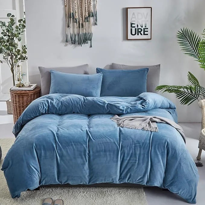 Efficient CLOTHKNOW Lake Blue Full Size Comforter Set Velvet Bedding Comforter Sets Soft Blue Comforter with 2 x Pillow Cases Convenient