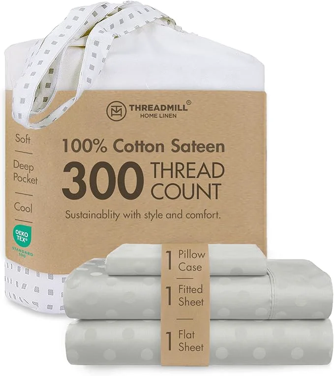 Artisan Threadmill Cotton Twin Sheet Set Cotton Sheets for Twin Size Bed Damask Jacquard Sateen Twin Bed Sheets Set with 16 Deep Pocket Soft Breathable 3-Piece Cooling Sheet Set Light Grey Pure