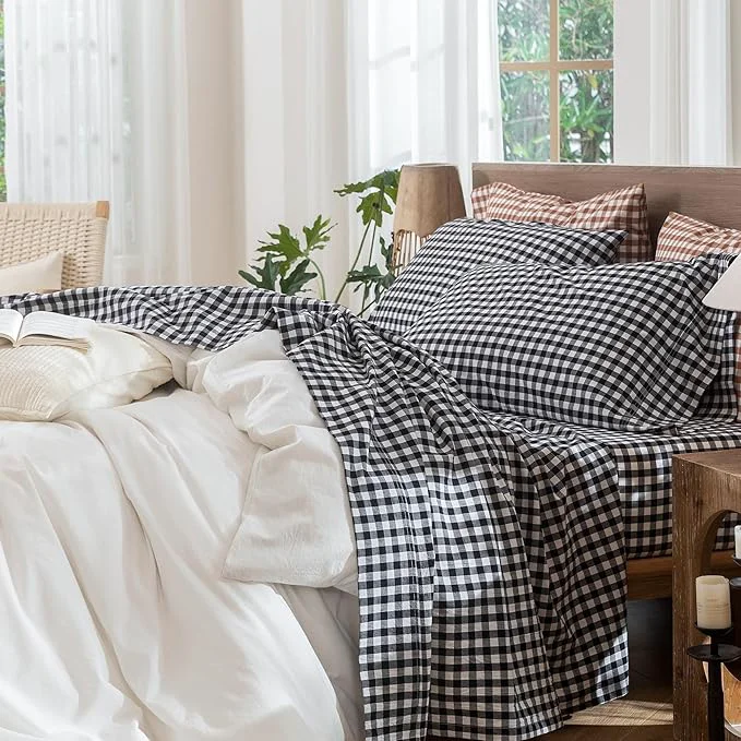 Top-Quality MooMee Gingham Sheet Set Washed Cotton Linen Like Textured Breathable Soft w Fully Elasticized 16-19 quot Deep Pocket Classic Gingham Black White Queen Luxury
