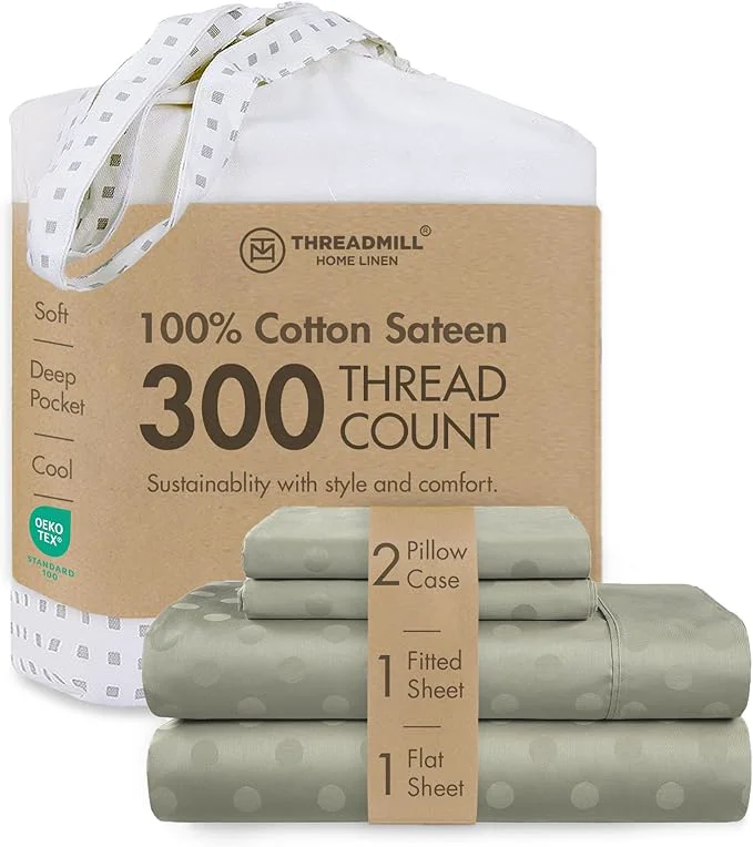 Advanced Threadmill Cotton Full Size Sheet Set Cotton Sheets for Full Size Bed Damask Jacquard Full Bed Sheets Set with 16 Deep Pocket Soft Sateen Weave 4-Piece Cooling Bedding Set Sage Green Prestigious