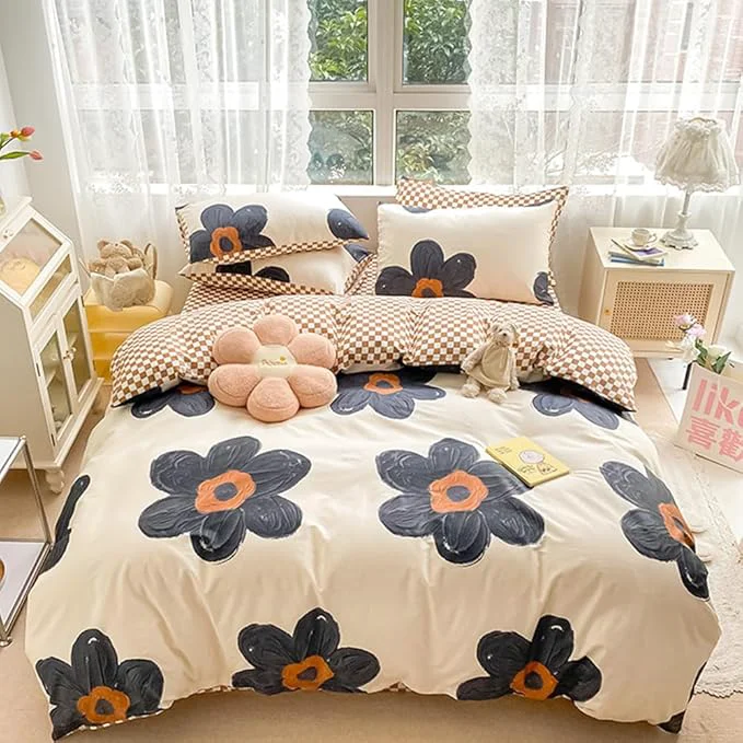 Effective CLOTHKNOW Black Sunflower Twin Twin XL Comforter Set Floral Bedding Comforter Sets Brown Plaid Comforter Boho Comforter with 2 x Pillow Cases Functional