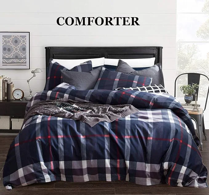 Efficient CLOTHKNOW Blue Plaid Full Size Comforter Set Tartan Buffalo Bedding Comforter Sets Soft Blue Red Grey Grid Comforter with 2 x Pillow Cases Contemporary
