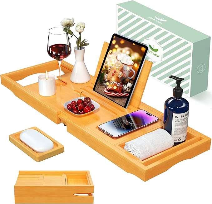 Sustainable Artmalle Foldable Bathtub Tray for Tub Bamboo Bathtub Caddy Tray Table Top-Quality