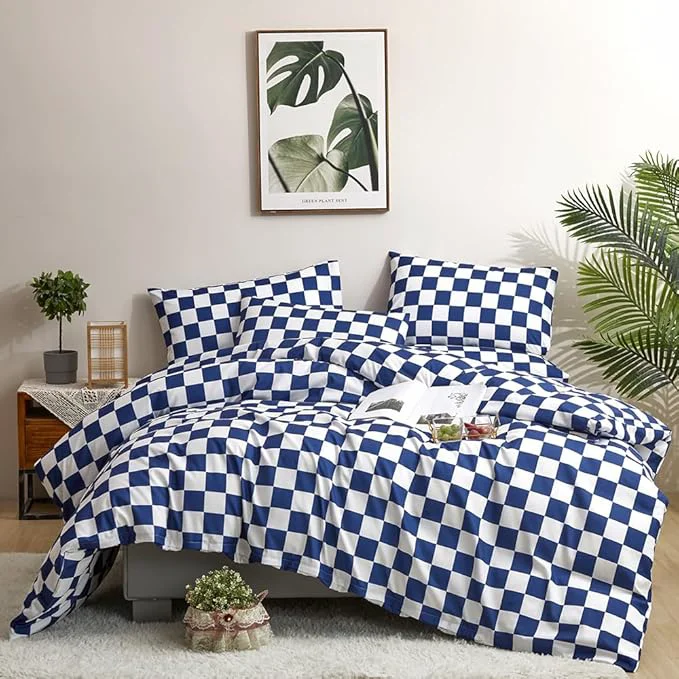 Breathable CLOTHKNOW Blue White Plaid Queen Comforter Set Grid Bedding Comforter Sets Checkerboard Comforter Royal Blue White Comforter with 2 x Pillow Cases Outstanding