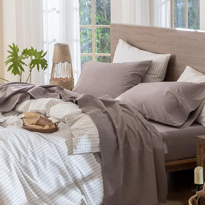 Original MooMee Bedding Sheet Set Washed Cotton Linen Like Textured Breathable Durable Soft Comfy Heathered Mauve Brown King Refined