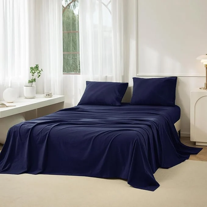 Selected JIYUAN King Size Sheet Set 4-Piece – Washed Cotton Linen-Like Soft amp Breathable Includes Deep Pocket Fitted amp Flat Sheet with 2 Pillowcases Hotel Quality Solid Navy Blue Secure