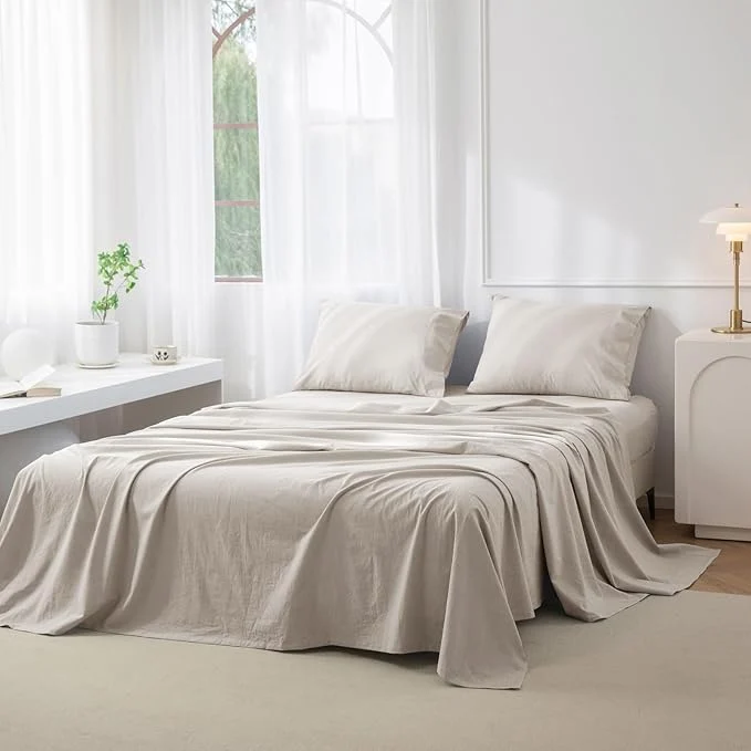 Official JIYUAN Full Size Sheet Set 4-Piece – Washed Cotton Linen-Like Soft amp Breathable Includes Deep Pocket Fitted amp Flat Sheet with 2 Pillowcases Hotel Quality Heathered Cream Grey Detailed