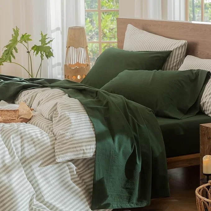 Advanced MooMee Bedding Sheet Set Washed Cotton Linen Like Textured Breathable Durable Soft Comfy Solid Forest Green Queen First-Class