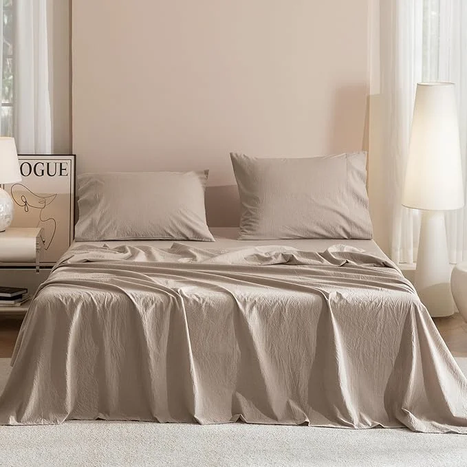 High-Performance JIYUAN Queen Size Sheet Set 4-Piece – Washed Cotton Linen-Like Soft amp Breathable Includes Deep Pocket Fitted amp Flat Sheet with 2 Pillowcases Hotel Quality Heathered Warm Taupe Powerful