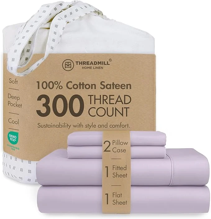 First-Class Threadmill Cotton Sheets for King Size Bed 4 Pc King Bed Sheets Set Soft Breathable Lightweight Solid Sateen for All-Season Use Snug Fit Elastic Deep Pocket King Sheets Lilac Quality