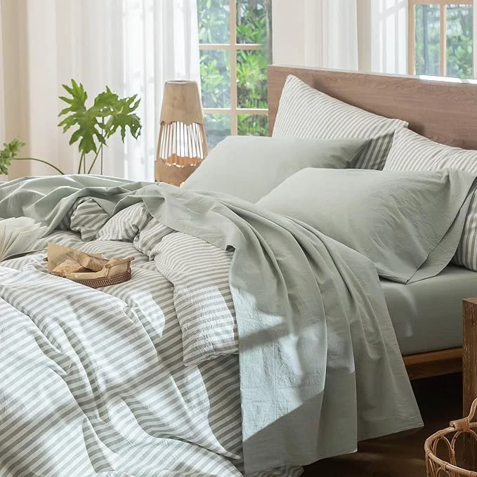 Smart MooMee Bedding Sheet Set Washed Cotton Linen Like Textured Breathable Durable Soft Comfy Heathered Sage Green California King Convenient