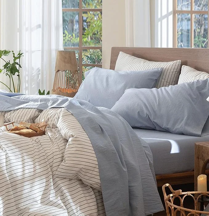 Eco-Friendly MooMee Bedding Sheet Set Washed Cotton Linen Like Textured Breathable Durable Soft Comfy Heathered Cornflower Blue Twin Unique