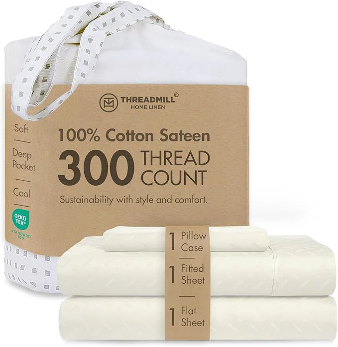 Superior Threadmill Cotton Twin Sheet Set Cotton Sheets for Twin Size Bed Damask Jacquard Sateen Twin Bed Sheets Set with 16 Deep Pocket Soft Breathable 3-Piece Cooling Sheet Set Ivory Healthy