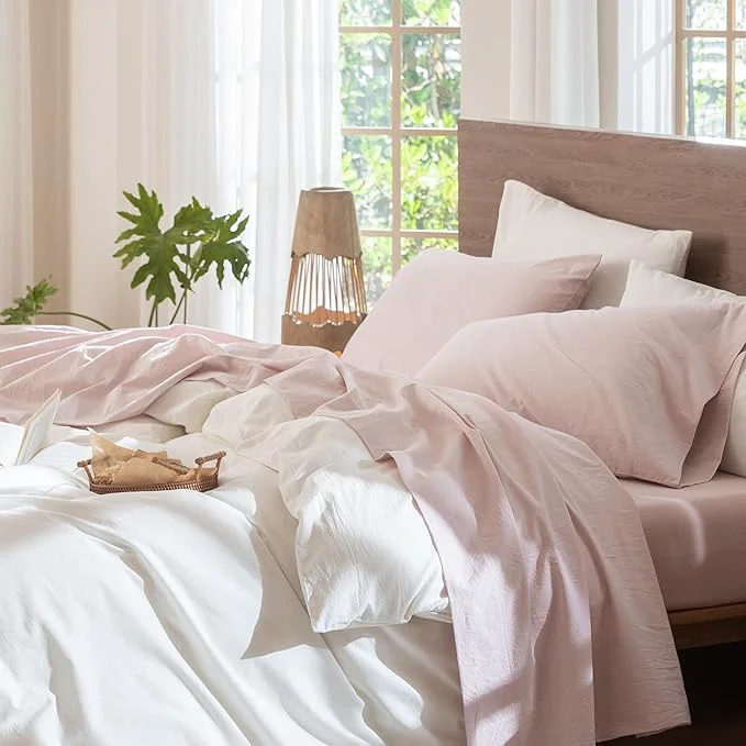 Relaxed MooMee Bedding Sheet Set Cotton Like Textured Breathable Durable Soft Comfy Heathered Greyish Pink Queen